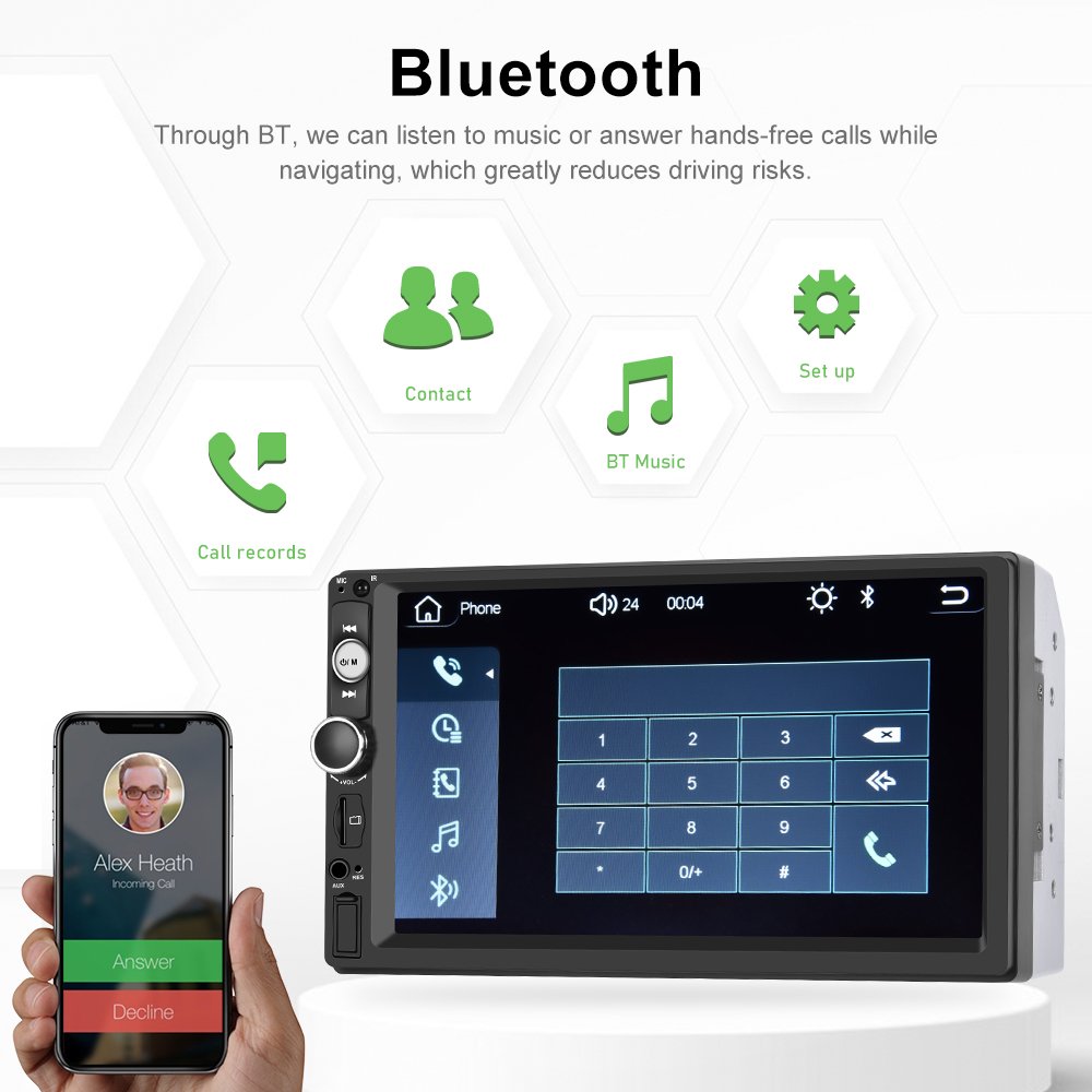 Podofo 2 Din 7'' MP5 Car Radio Carplay & Android Auto Touch Screen 7515B BT FM Receiver TF USB AUX with External Microphone