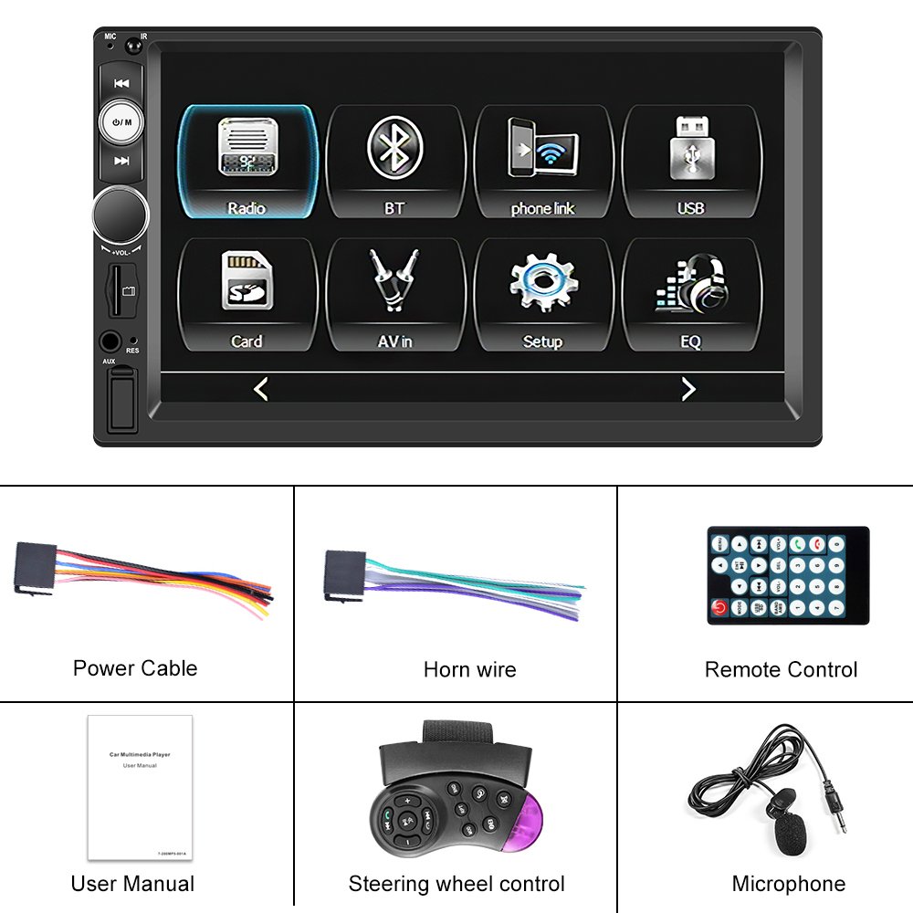 Podofo 2 Din 7'' MP5 Car Radio Carplay & Android Auto Touch Screen 7515B BT FM Receiver TF USB AUX with External Microphone