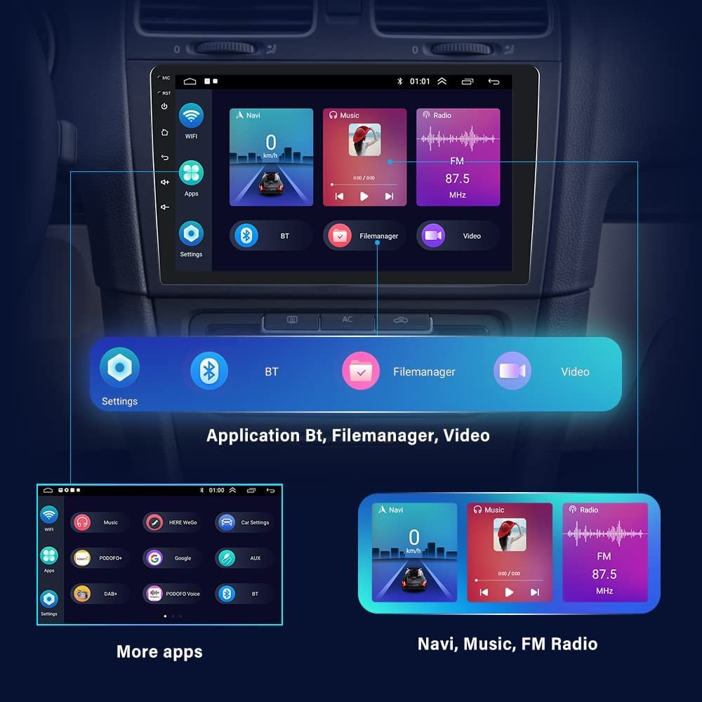 Podofo Double Din 10.1" Android Car Radio 1+32/2+64 Car Stereo CarPlay & Android Auto GPS WIFI Hifi EQ FM RDS BT