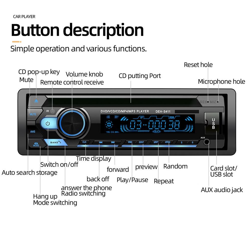 1 Din Car BT MP3 Player FM Transmitter Car Radio DVD Video Output MP4 CD Playback Hands Free Call