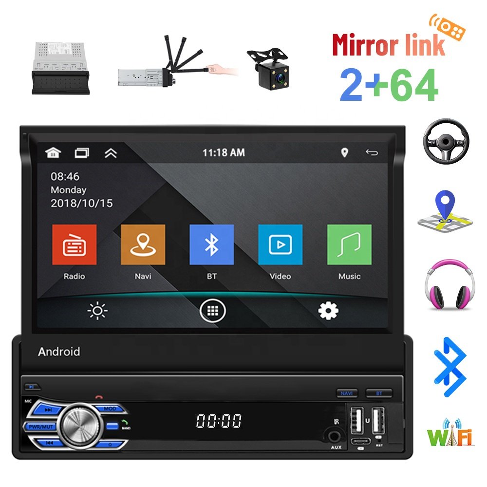 Podofo 1 Din Android 2+64GB Car Radio Autoradio Car Stereo With 7'' Retractable Screen Wireless Carplay/GPS/Wifi/BT/USB/FM/RDS