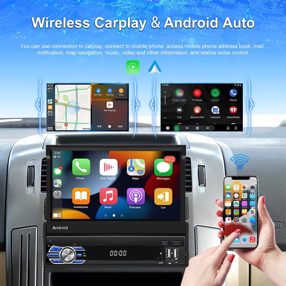 Podofo 1 Din Android 2+64GB Car Radio Autoradio Car Stereo With 7'' Retractable Screen Wireless Carplay/GPS/Wifi/BT/USB/FM/RDS