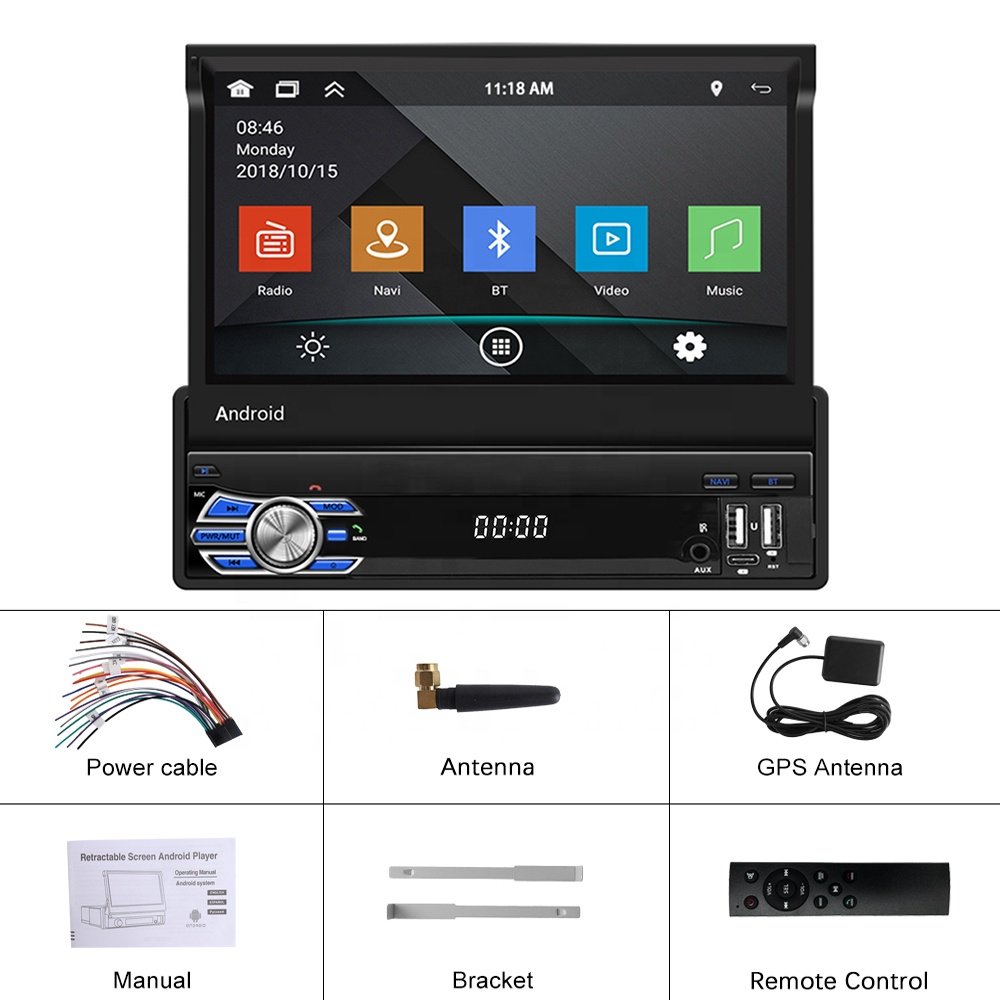 Podofo 1 Din Android 2+64GB Car Radio Autoradio Car Stereo With 7'' Retractable Screen Wireless Carplay/GPS/Wifi/BT/USB/FM/RDS