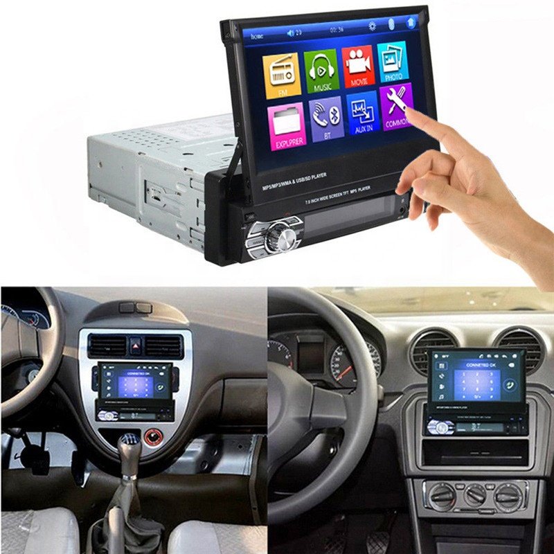 (EU Stock) Podofo Autoradio 1 Din Radio Car 7" HD Retractable Touch Screen BT SD FM USB Car MP5 Player + 12LED Rear View Cam