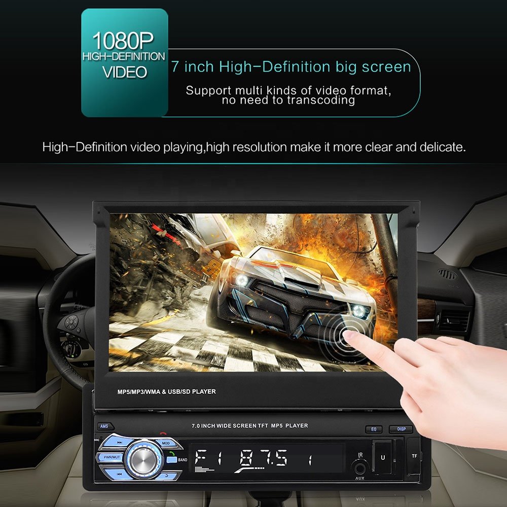 (EU Stock) Podofo Autoradio 1 Din Radio Car 7" HD Retractable Touch Screen BT SD FM USB Car MP5 Player + 12LED Rear View Cam