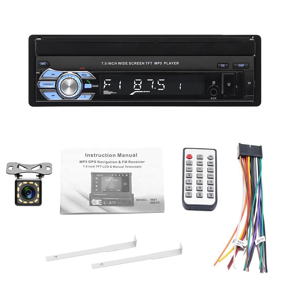 (EU Stock) Podofo Autoradio 1 Din Radio Car 7" HD Retractable Touch Screen BT SD FM USB Car MP5 Player + 12LED Rear View Cam