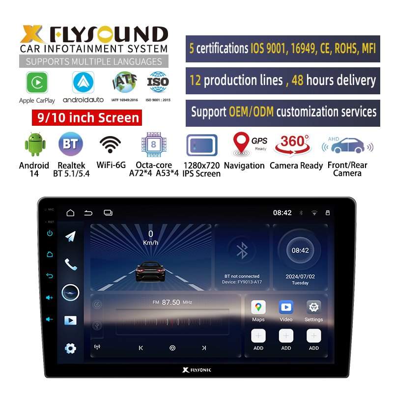 Flysonic Universal Dashboard 2 din android car radio 1280*720 screen 9 inch navigation gps carplay 4G car dvd player