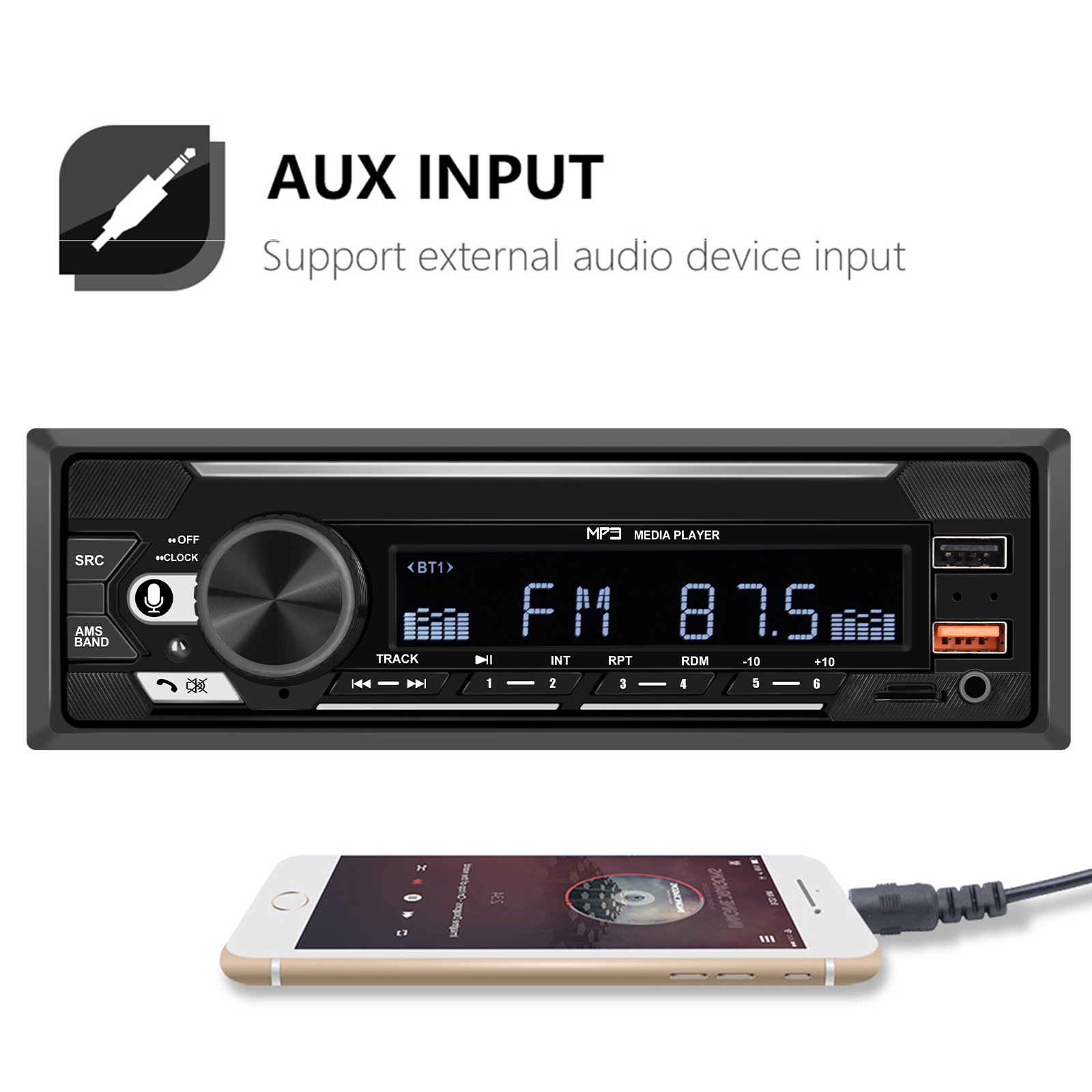 Podofo 1Din Car MP3 Player Audio Stereo USB Charging Car Radio Player Remote Control Digital BT USB/SD/AUX-IN Car Radio Stereo
