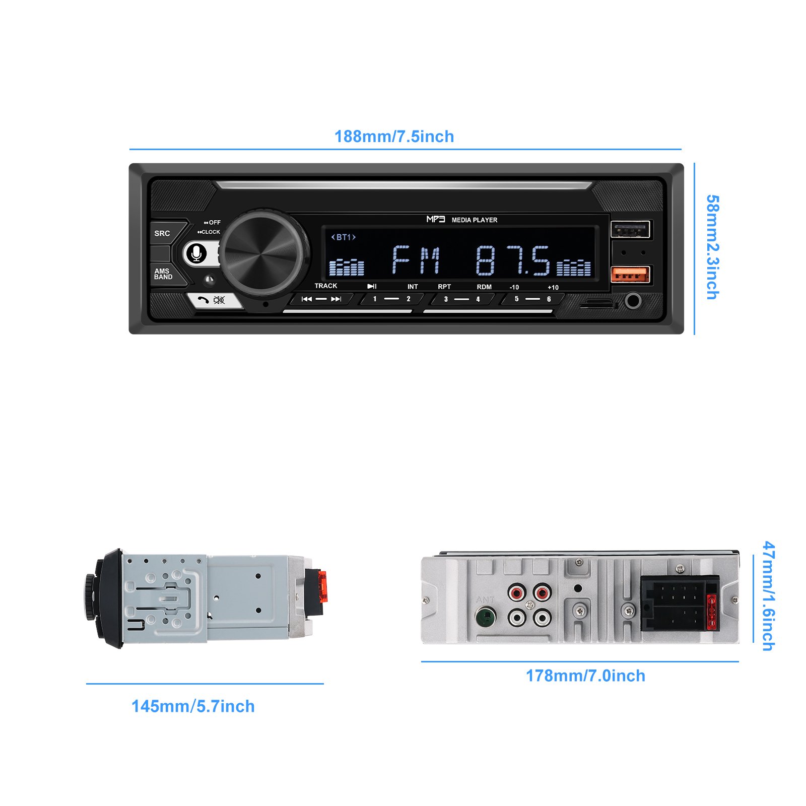 Podofo 1Din Car MP3 Player Audio Stereo USB Charging Car Radio Player Remote Control Digital BT USB/SD/AUX-IN Car Radio Stereo
