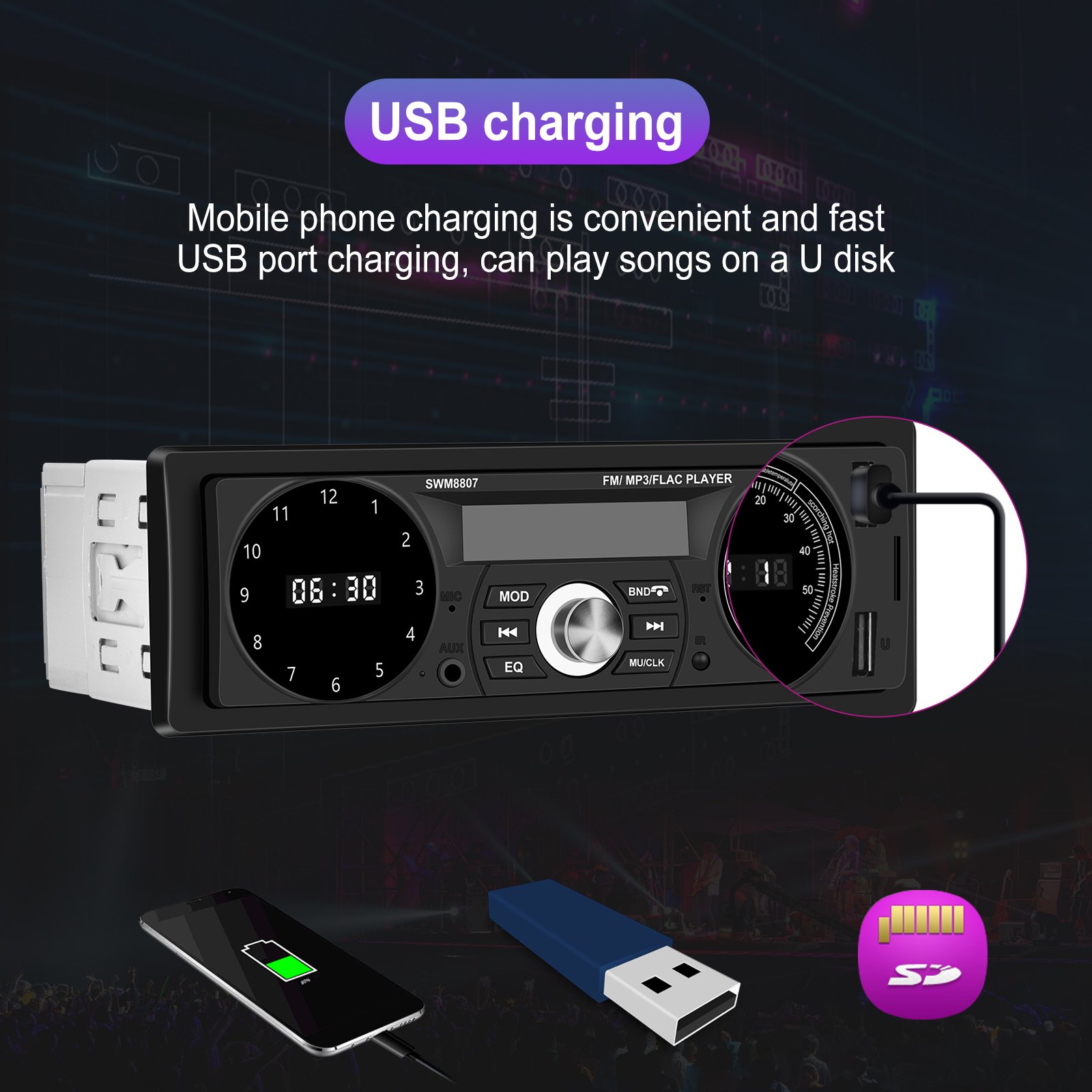 Podofo 1Din Car MP3 Player Double BT USB Charging U Disk AUX Time/Temperature Display Car Radio Stereo