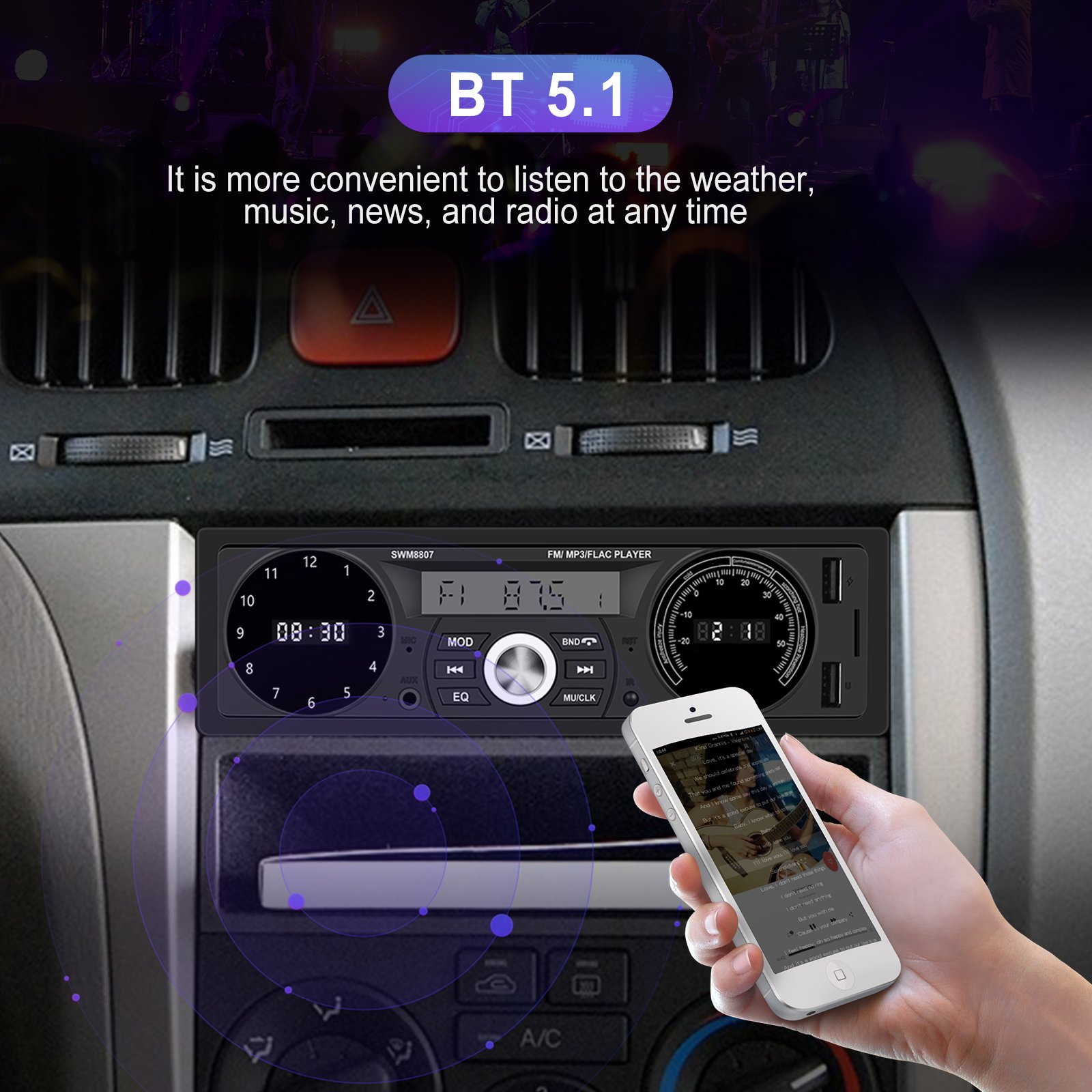 Podofo 1Din Car MP3 Player Double BT USB Charging U Disk AUX Time/Temperature Display Car Radio Stereo