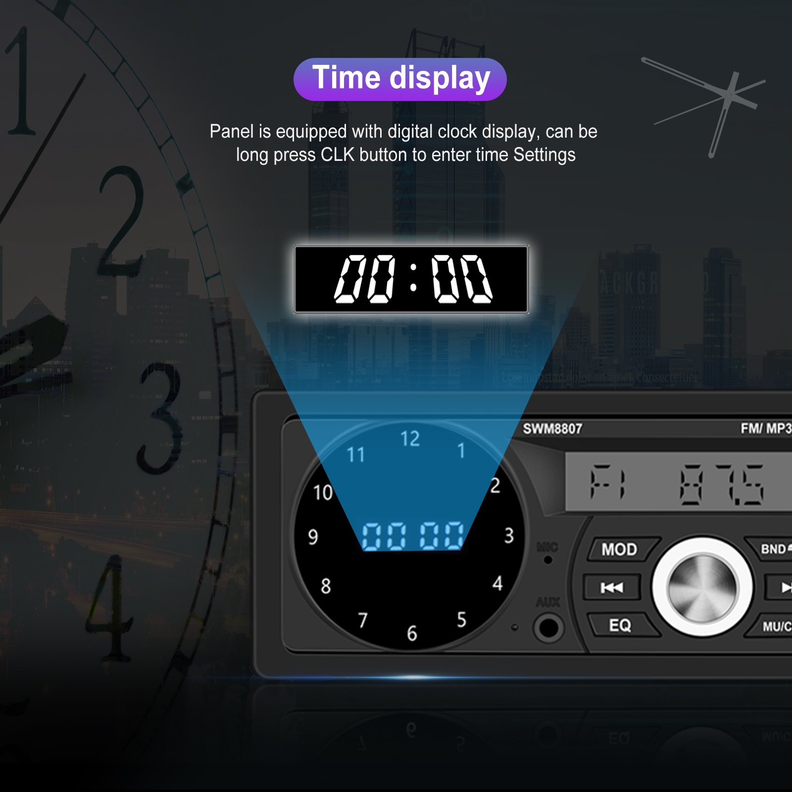 Podofo 1Din Car MP3 Player Double BT USB Charging U Disk AUX Time/Temperature Display Car Radio Stereo