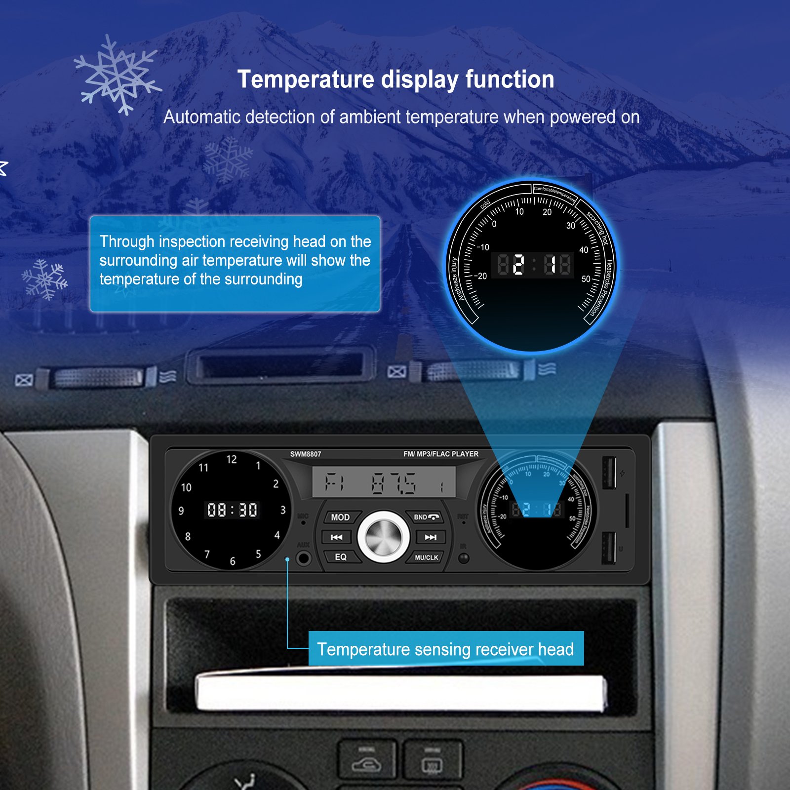 Podofo 1Din Car MP3 Player Double BT USB Charging U Disk AUX Time/Temperature Display Car Radio Stereo