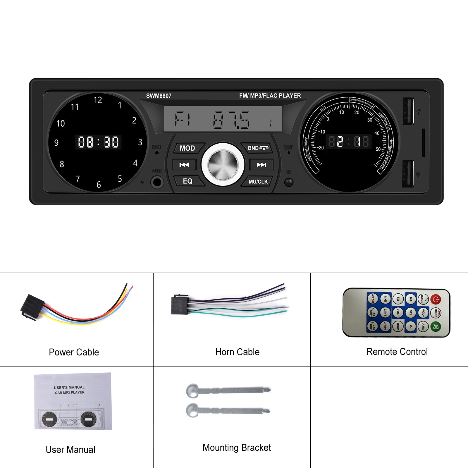Podofo 1Din Car MP3 Player Double BT USB Charging U Disk AUX Time/Temperature Display Car Radio Stereo