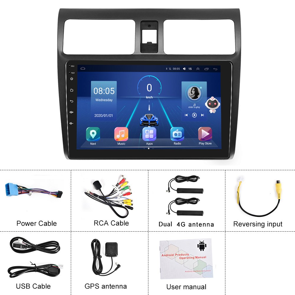 Podofo 8 Core 8+128GB 10.1" Car Radio WIFI 4G Android 10 Carplay Android Auto AI Voice GPS DSP EQ RDS For Suzuki Swift 2005-2010