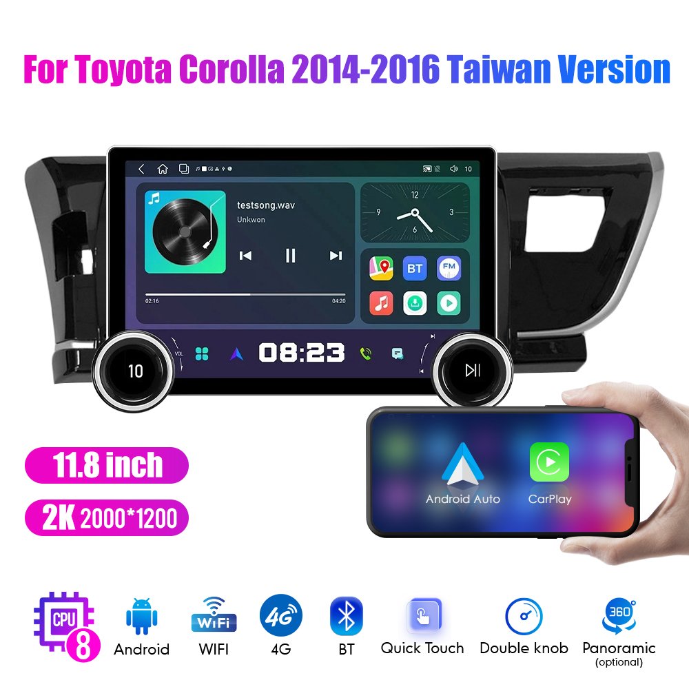 11.8Inch 2Din Android Car Radio For Toyota Corolla 2014-16 Taiwan 2K QLED Screen Car Stereo Car DVD Player Carplay Android Auto