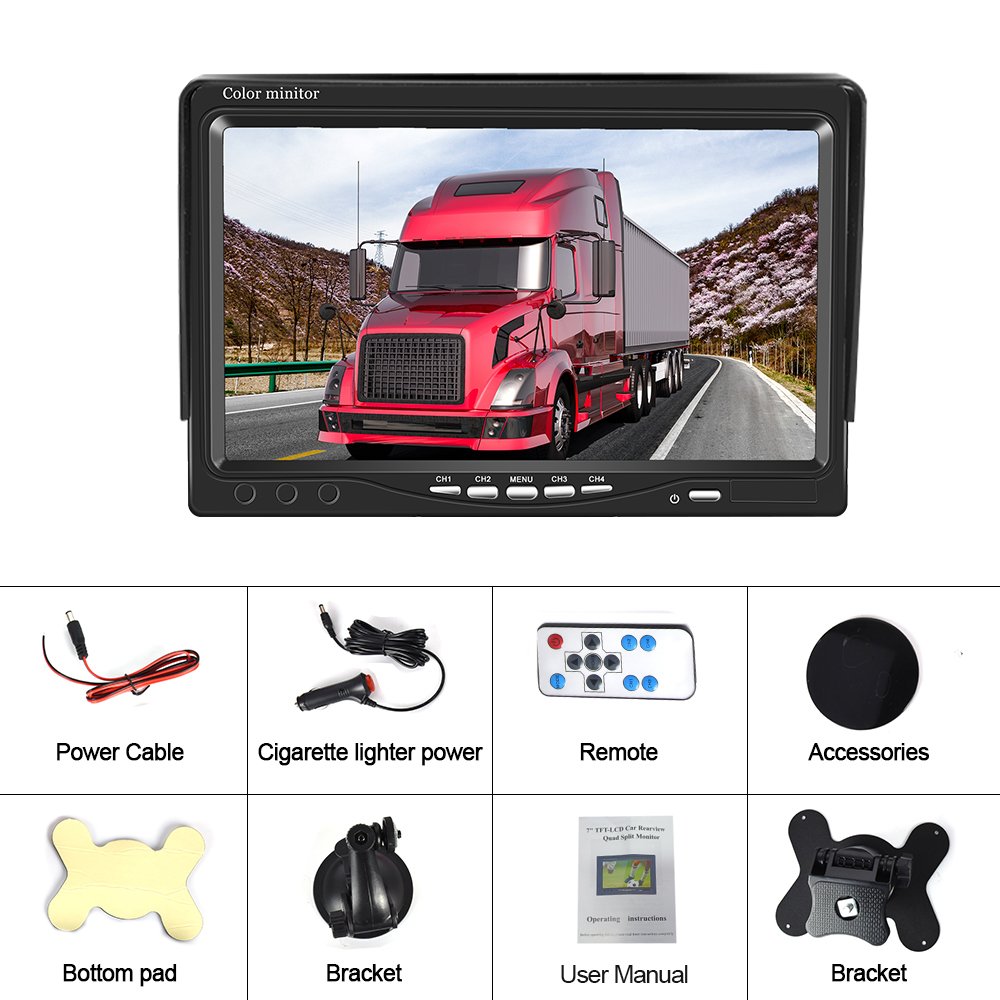 Podofo 7'' Split Screen Quad Monitor 4CH Video Input Windshield Style Parking Dashboard for Car Rear View Camera Car-styling