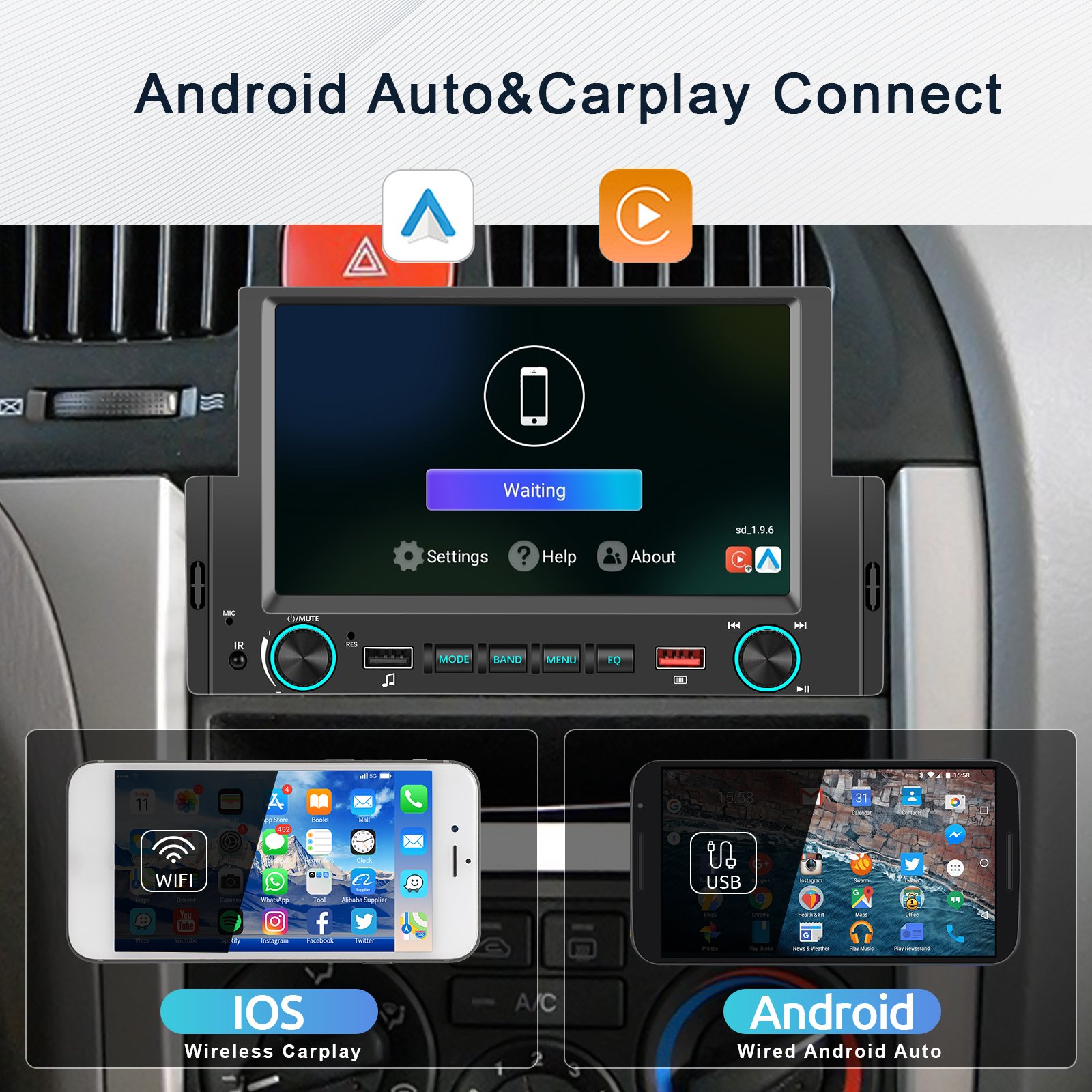 Podofo 6.2 Inch Android Car Radio 2+64G Single Din Car Stereo CarPlay /Android Auto GPS WIFI FM RDS BT Autoradio Factory Price