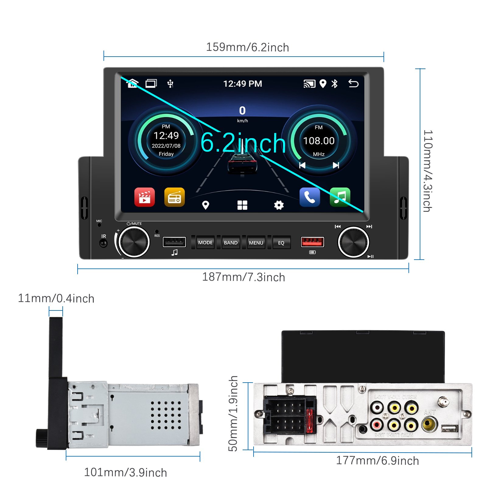 Podofo 6.2 Inch Android Car Radio 2+64G Single Din Car Stereo CarPlay /Android Auto GPS WIFI FM RDS BT Autoradio Factory Price
