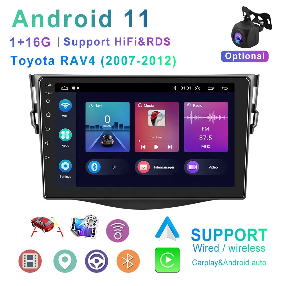 Podofo 2Din 9" Android Car Stereo Carplay Android Auto Video GPS Navi WIFI Radio FM RDS EQ SWC For Toyota RAV4 2007-2012