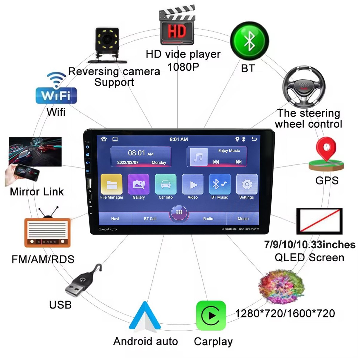 9" CarPay Android11 Car Stereo 1/16GB smart multimedia GPS positioning Navigation AV-OUT ASP Screen Media 2 Din Car DVD Player