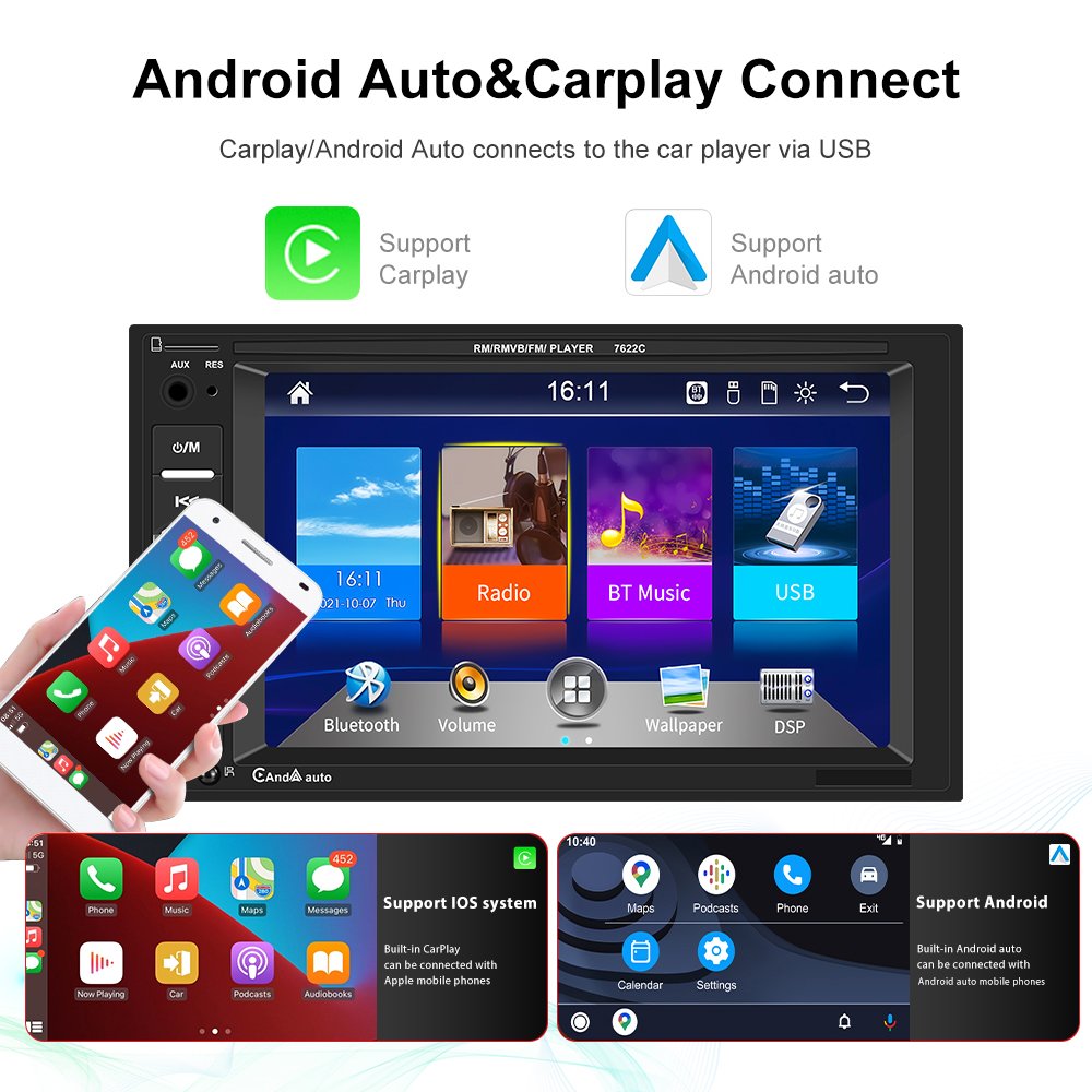 Podofo 2Din 6.2" MP5 7622C Car Player With Carplay Android Auto Car Radio SWC Phone Link EQ BT FM AUX TF Supported AHD Camera