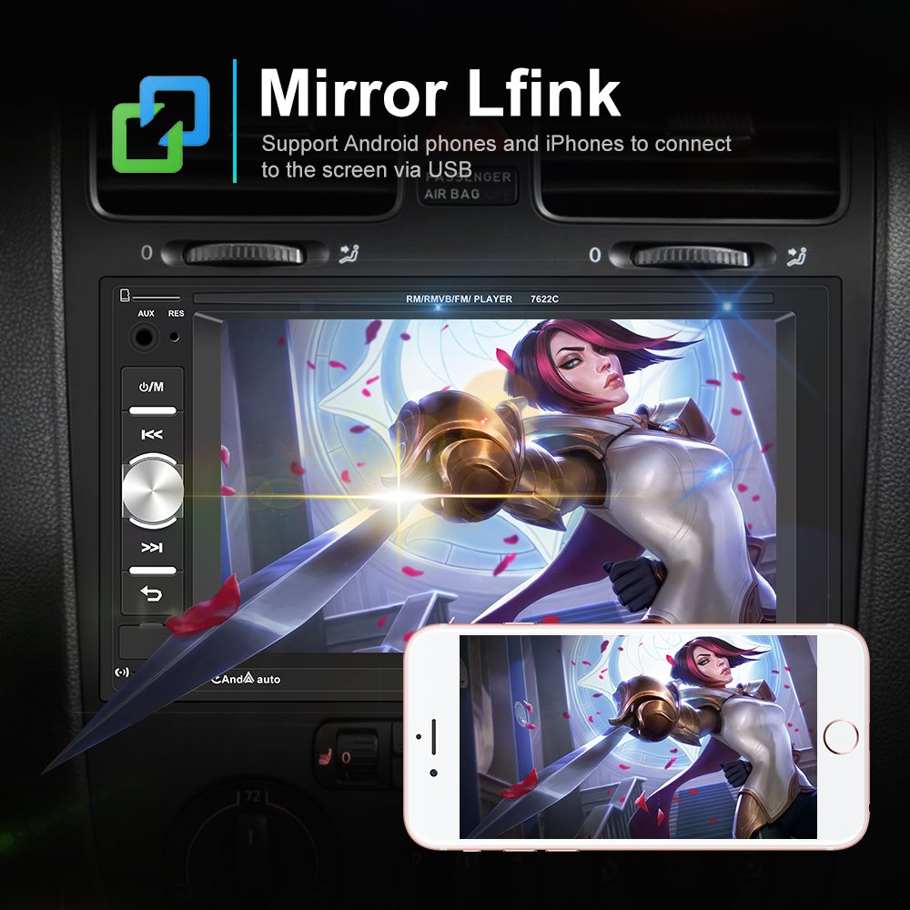 Podofo 2Din 6.2" MP5 7622C Car Player With Carplay Android Auto Car Radio SWC Phone Link EQ BT FM AUX TF Supported AHD Camera