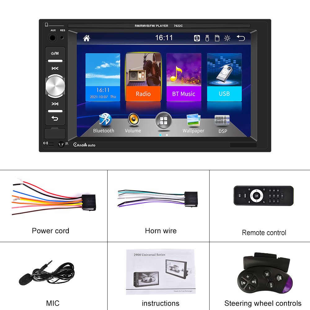 Podofo 2Din 6.2" MP5 7622C Car Player With Carplay Android Auto Car Radio SWC Phone Link EQ BT FM AUX TF Supported AHD Camera