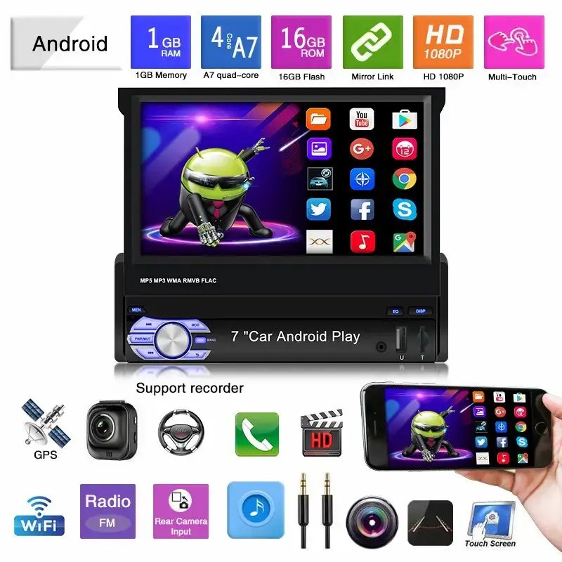 Hot car dvd player 7 inch 1 din retractable screen car MP5 player card USB BT multifunction car android radio stereo cd player