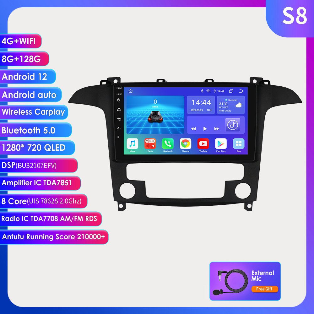 9 Inch Wifi+4G OLED Android 12 car dvd Player for Ford S Max 2007 2015 with radio CarPlay Android Auto car stereo with GPS