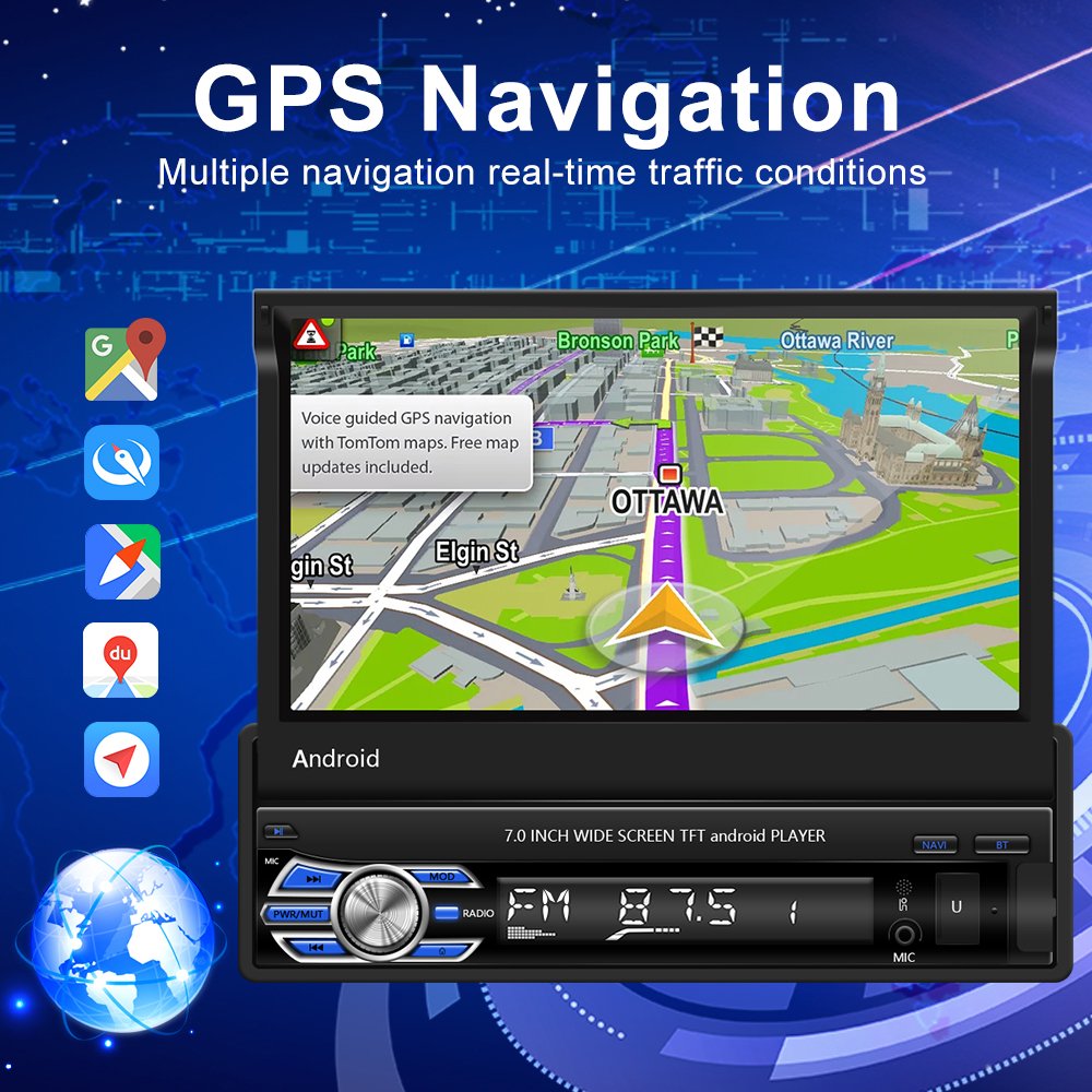 Podofo 1 Din Android Car Radio Autoradio 7'' Retractable Touch Screen Car Video Stereo GPS Navigation Wifi USB FM RDS
