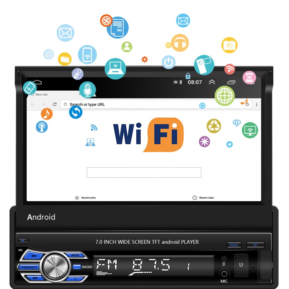 Podofo 1 Din Android Car Radio Autoradio 7'' Retractable Touch Screen Car Video Stereo GPS Navigation Wifi USB FM RDS