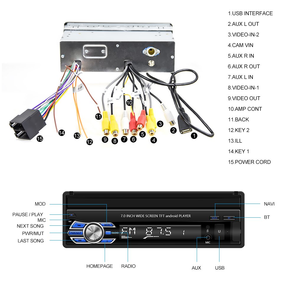 Podofo 1 Din Android Car Radio Autoradio 7'' Retractable Touch Screen Car Video Stereo GPS Navigation Wifi USB FM RDS