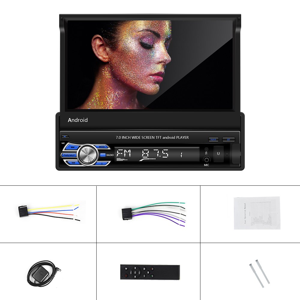 Podofo 1 Din Android Car Radio Autoradio 7'' Retractable Touch Screen Car Video Stereo GPS Navigation Wifi USB FM RDS