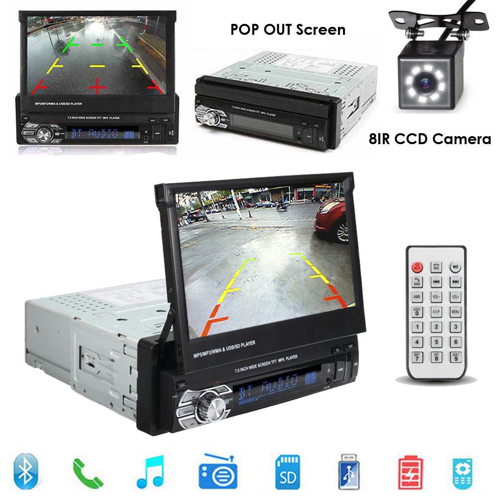 Podofo Car Audio Radio BT 1Din 7" HD Retractable Touch Screen MP5 SD FM USB 8 IR LED Rear View Camera
