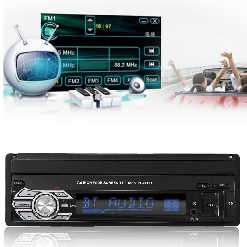 Podofo Car Audio Radio BT 1Din 7" HD Retractable Touch Screen MP5 SD FM USB 8 IR LED Rear View Camera
