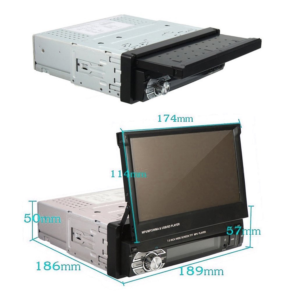 Podofo Car Audio Radio BT 1Din 7" HD Retractable Touch Screen MP5 SD FM USB 8 IR LED Rear View Camera