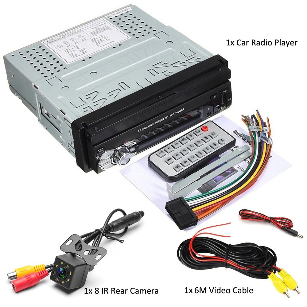 Podofo Car Audio Radio BT 1Din 7" HD Retractable Touch Screen MP5 SD FM USB 8 IR LED Rear View Camera