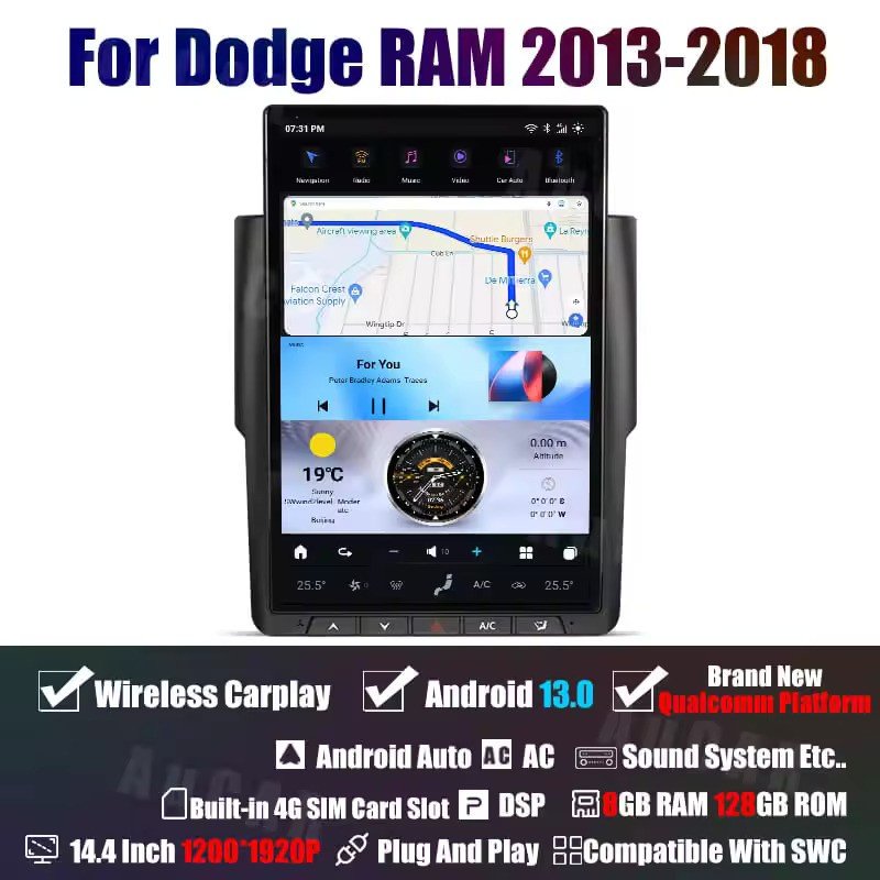 AuCar 14.4" Latest Tesla Screen Android 13 Car Radio Multimedia Player Car Stereo Video GPS Navigation For Dodge RAM 2013-2018