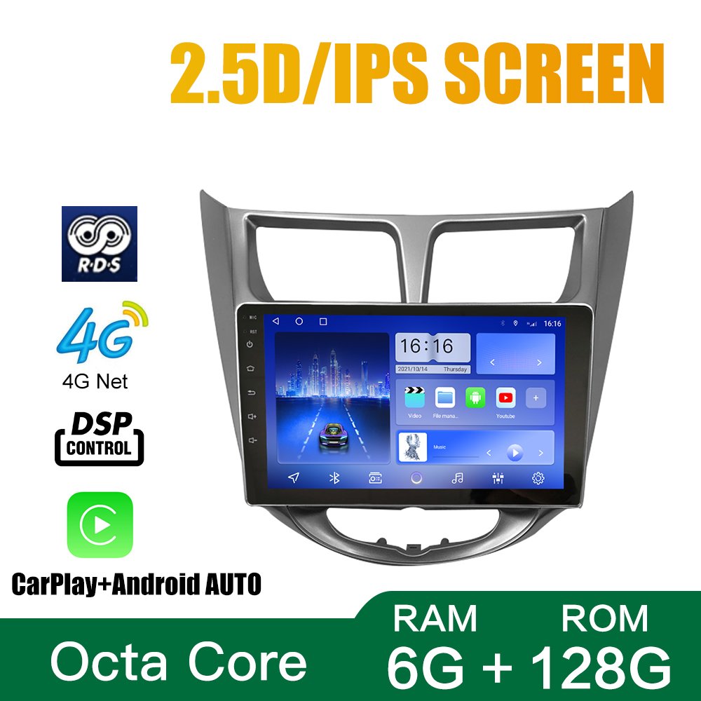For Hyundai Verna Accent Solaris 2010-2016 silver Radio Device Double 2 Din Octa-Core Quad Android Car Stereo GPS Carplay
