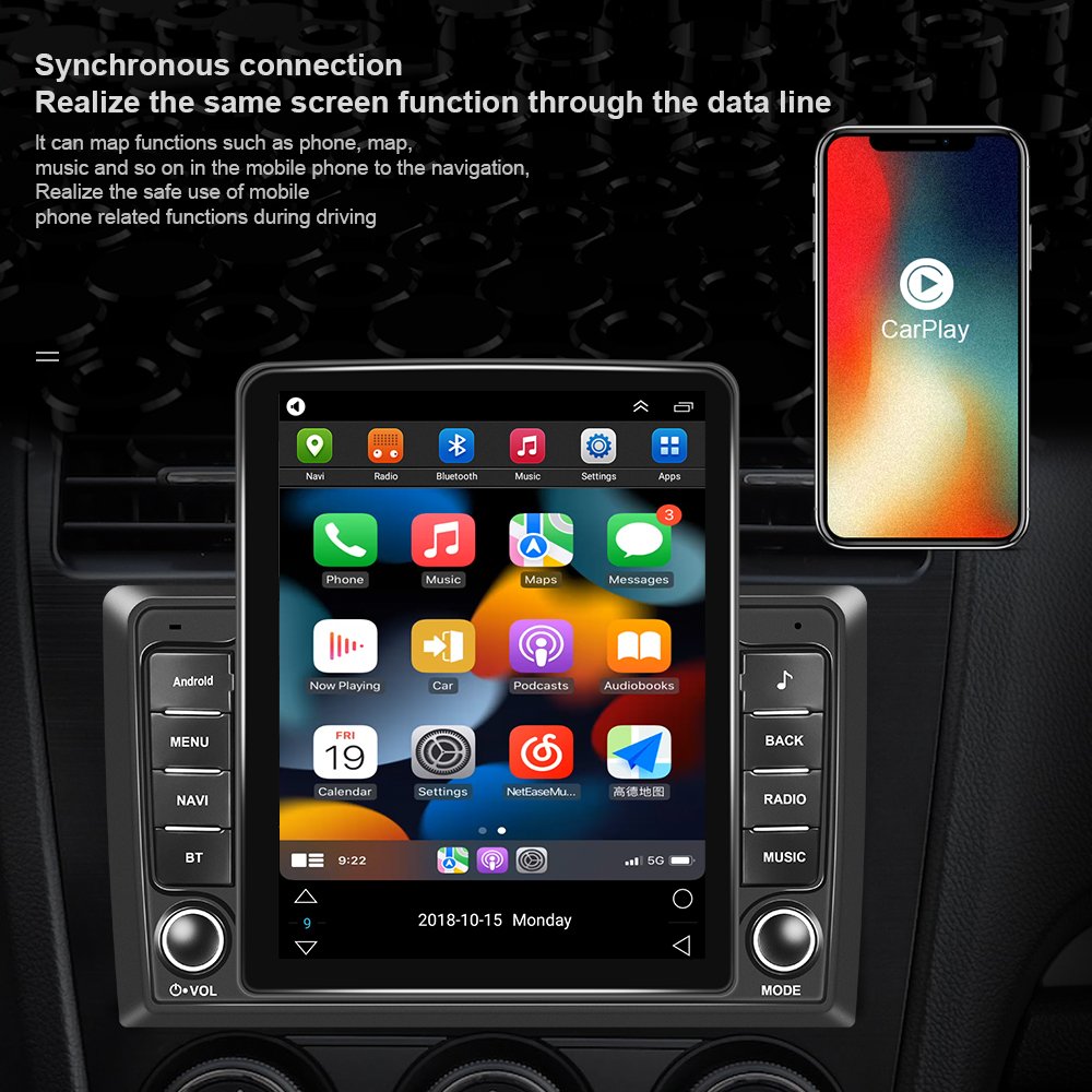 Podofo Android Double Din Car Stereo 9.5'' Vertical Screen Car Radio For Tesla Style GPS WIFI FM RDS Carplay Android Auto