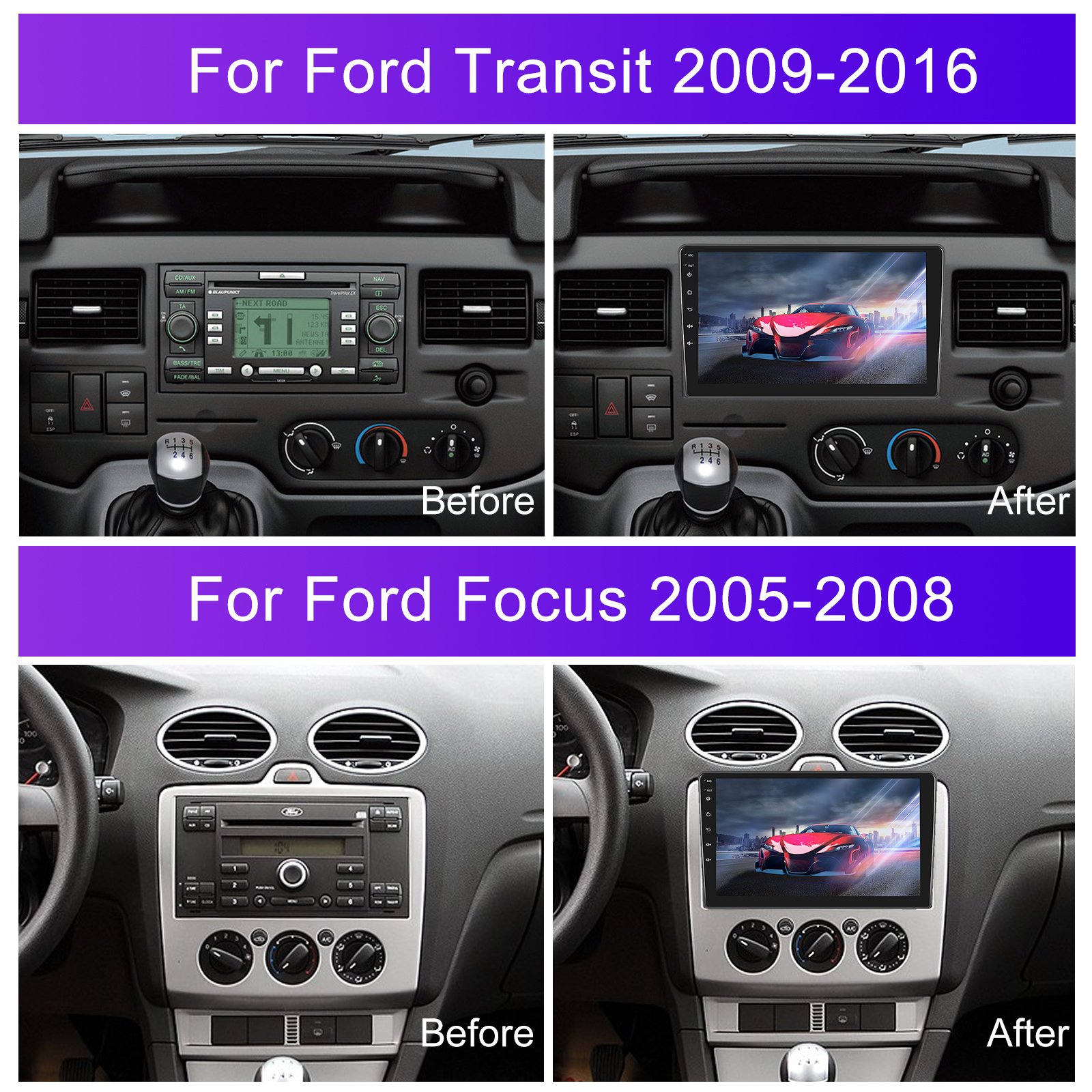Podofo Android Car Stereo 4+64G 9'' Car Radio Wireless Carplay Android Auto For Transit 2009-2016/ Ford Focus 2005-2008 IPS DSP
