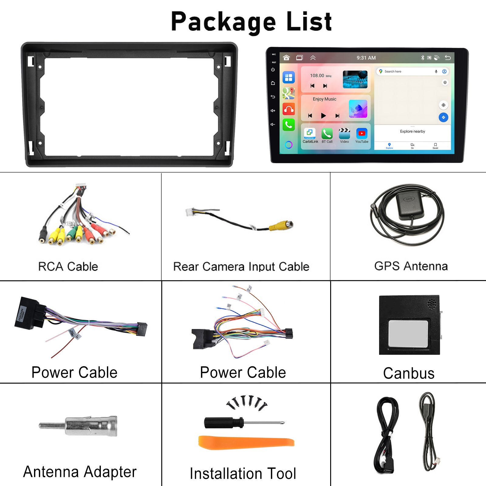 Podofo Android Car Stereo 4+64G 9'' Car Radio Wireless Carplay Android Auto For Transit 2009-2016/ Ford Focus 2005-2008 IPS DSP