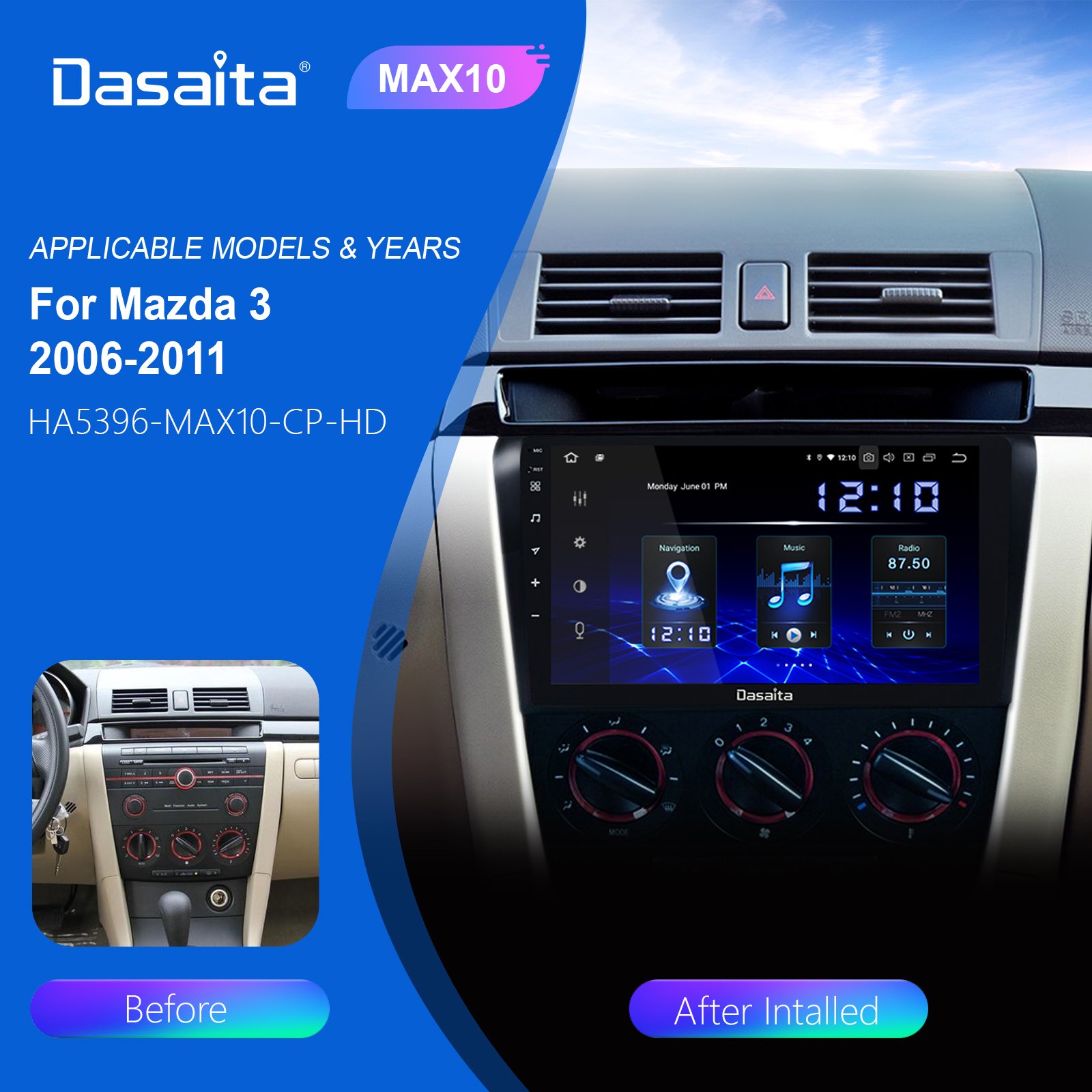 Dasaita 9" For Mazda 3 2006 2007 2008 2009 2010 2011 2012 Car DVD Player IPS 2.5D Screen Built-in DSP Apple Carplay BT Radio