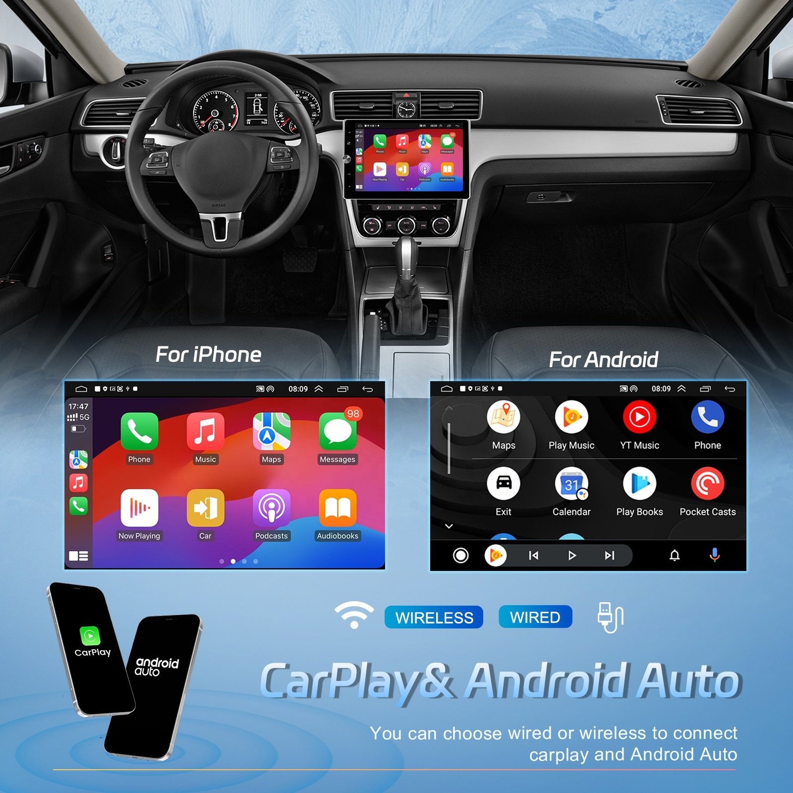 Podofo 10.4'' Android 2+64G Automatic Rotation Car Radio CarPlay/Android Auto/GPS/WiFi/RDS For VW/PASSAT/SKODA/POLO/OCTAVIA/GOLF