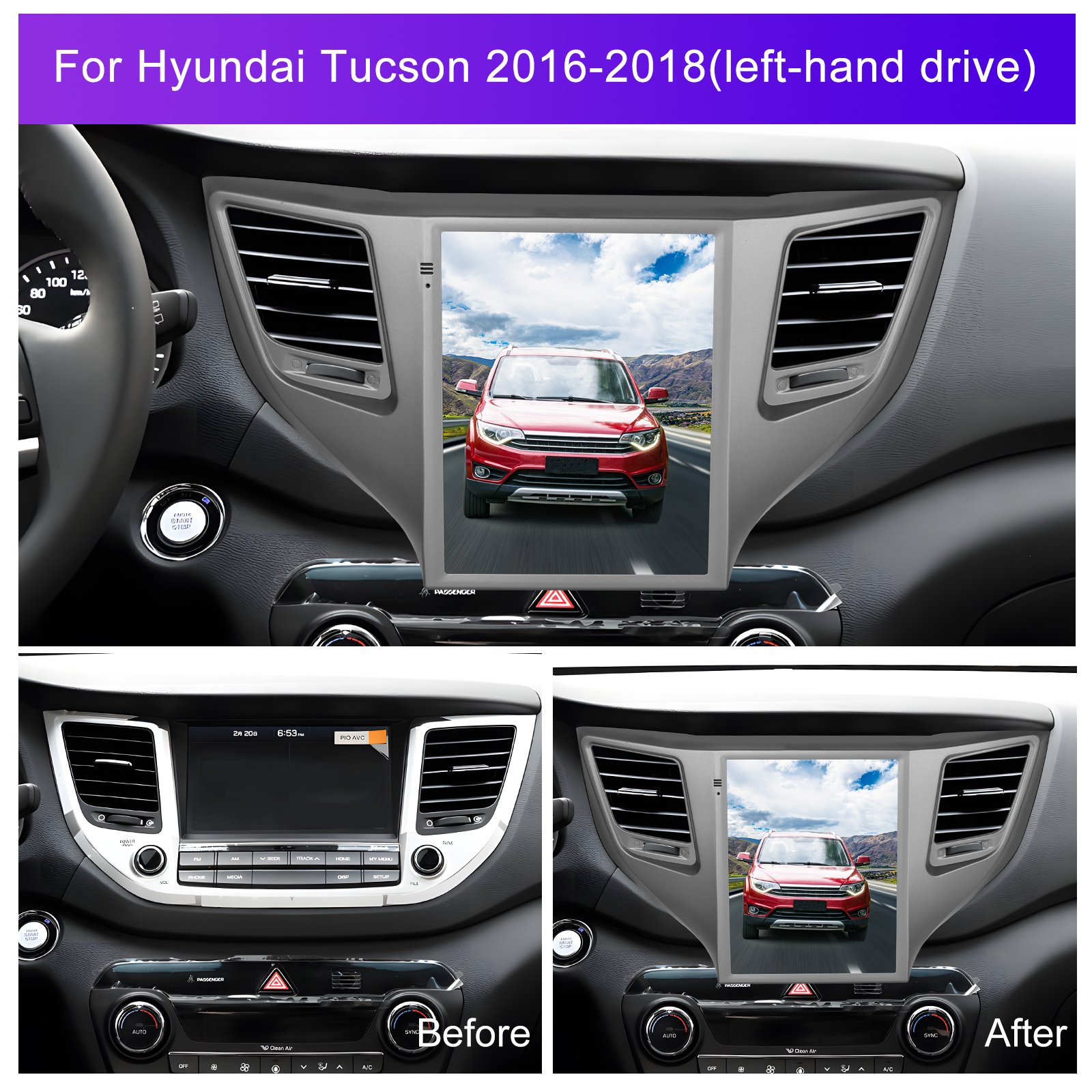 Podofo Double Din 9.7Inch Autoradio Car Radio 2G For Hyundai TUCSON 2016-2018(left hand drive) Carplay Android Auto WIFI GPS BT