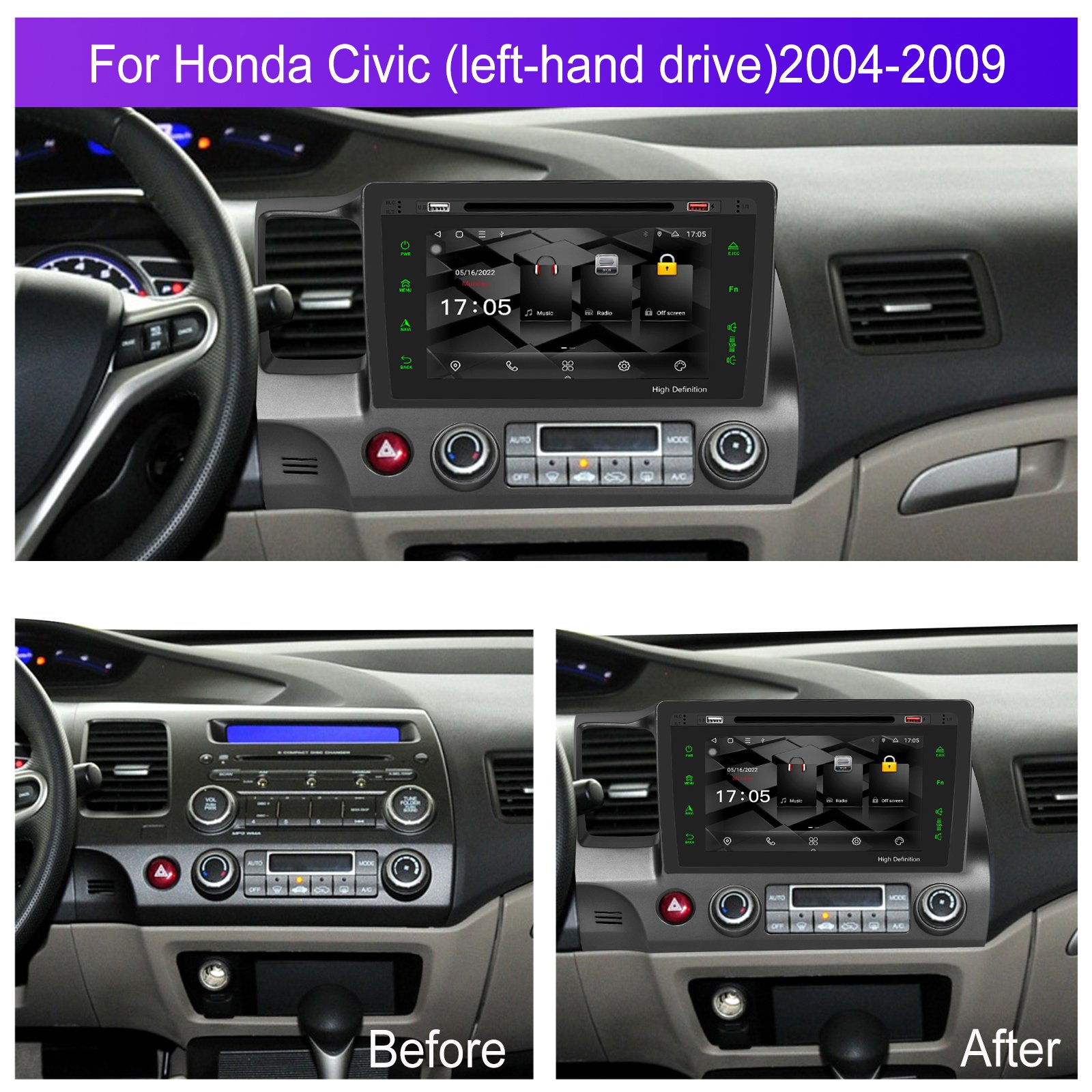 Podofo Car DVD Player 10.1 Inch Android Car Radio 8 Core 2+32GB CarPlay Android Auto For Honda Civic 2004-2009 GPS DSP RDS
