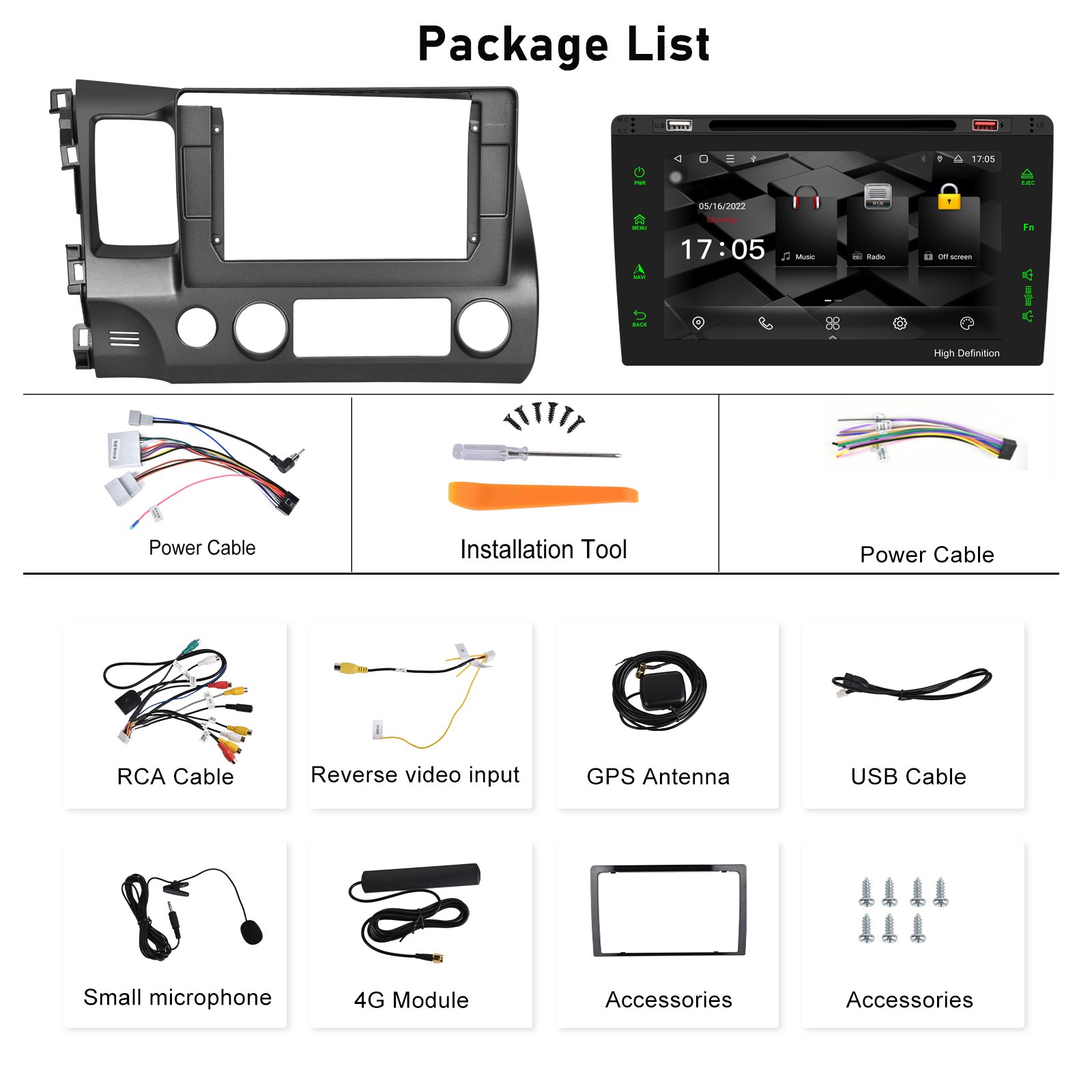 Podofo Car DVD Player 10.1 Inch Android Car Radio 8 Core 2+32GB CarPlay Android Auto For Honda Civic 2004-2009 GPS DSP RDS