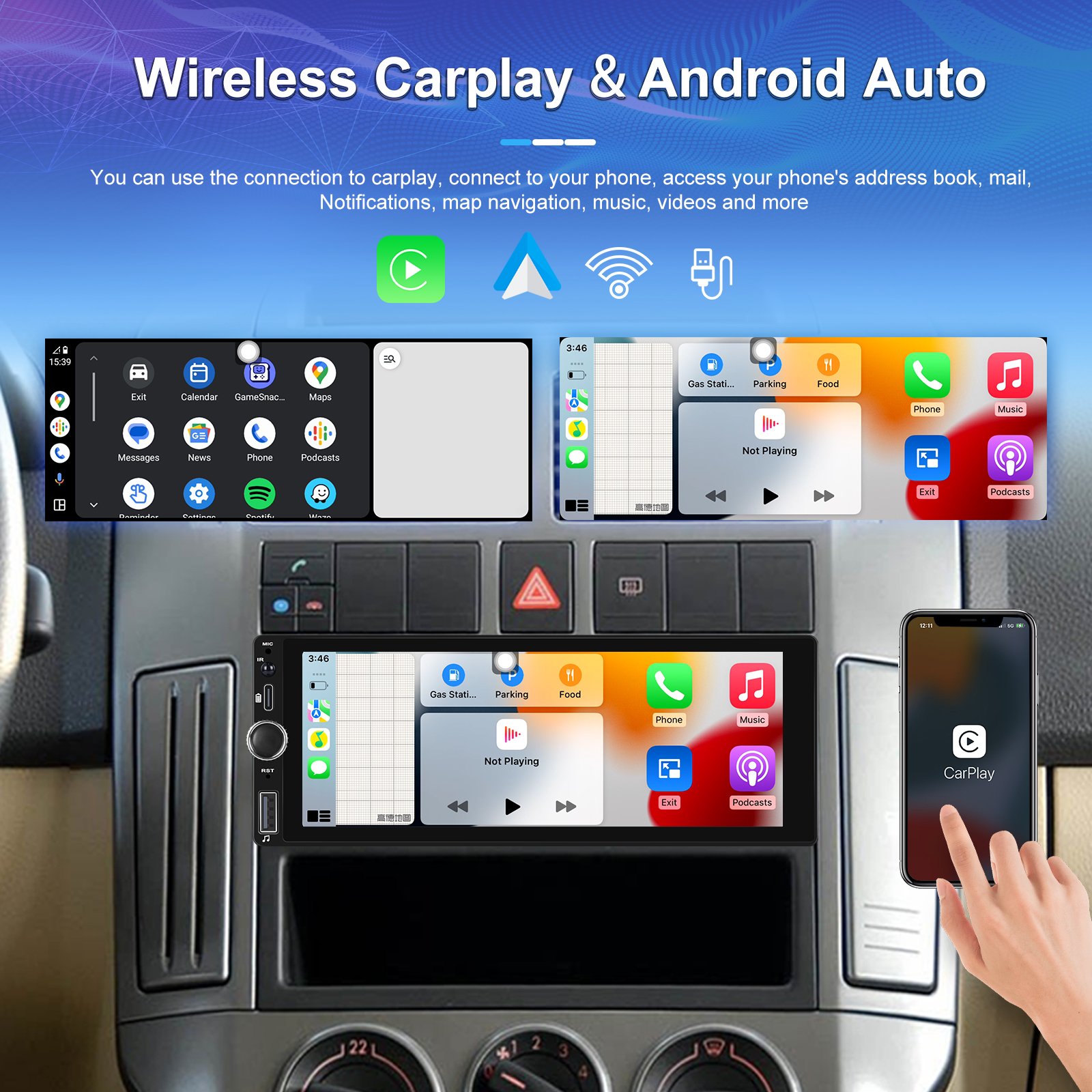 Podofo Android Car Radio 2+64G Single Din 6.86 Inch Touch Screen CarPlay/Android Auto 1080P GPS WIFI FM RDS Type C Port