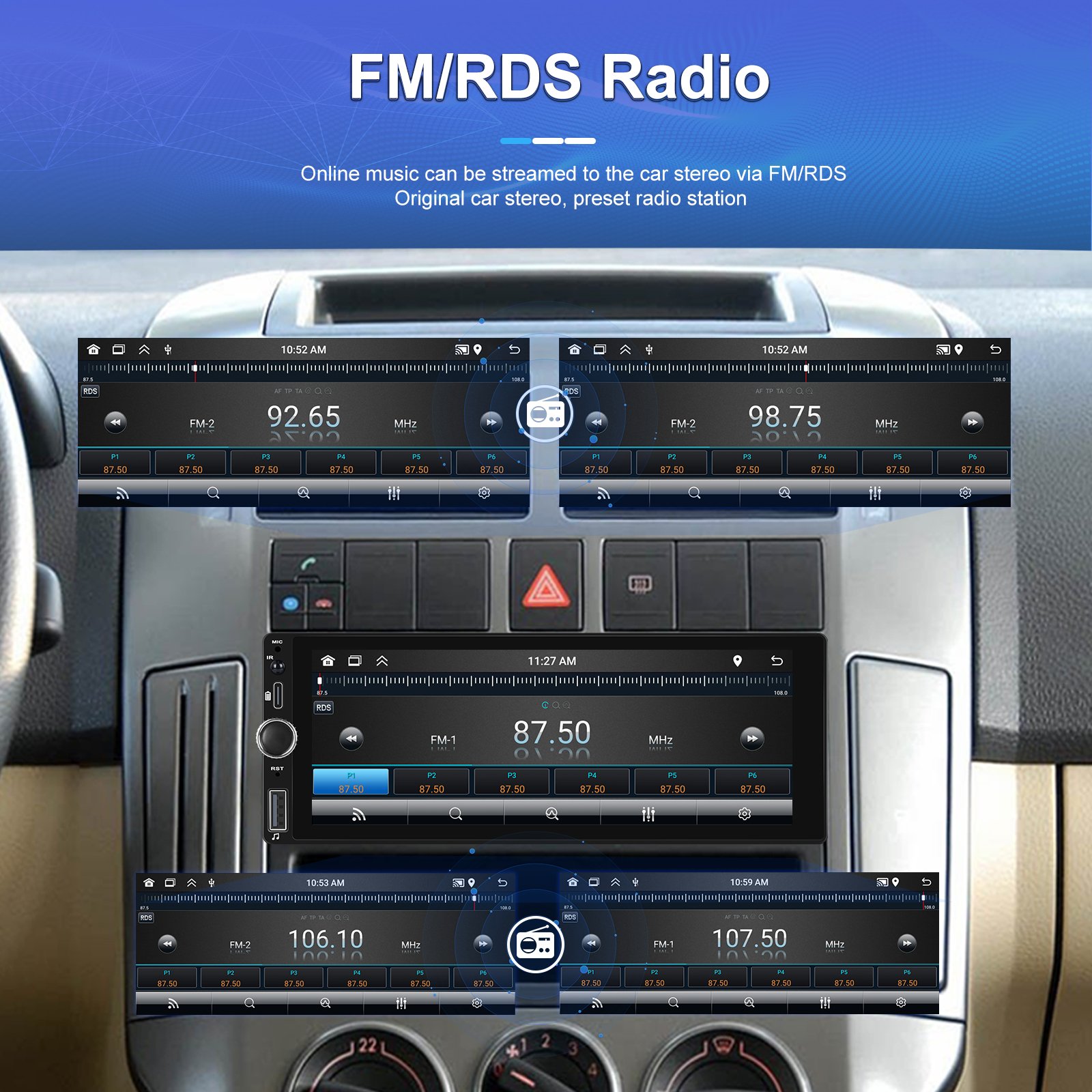 Podofo Android Car Radio 2+64G Single Din 6.86 Inch Touch Screen CarPlay/Android Auto 1080P GPS WIFI FM RDS Type C Port